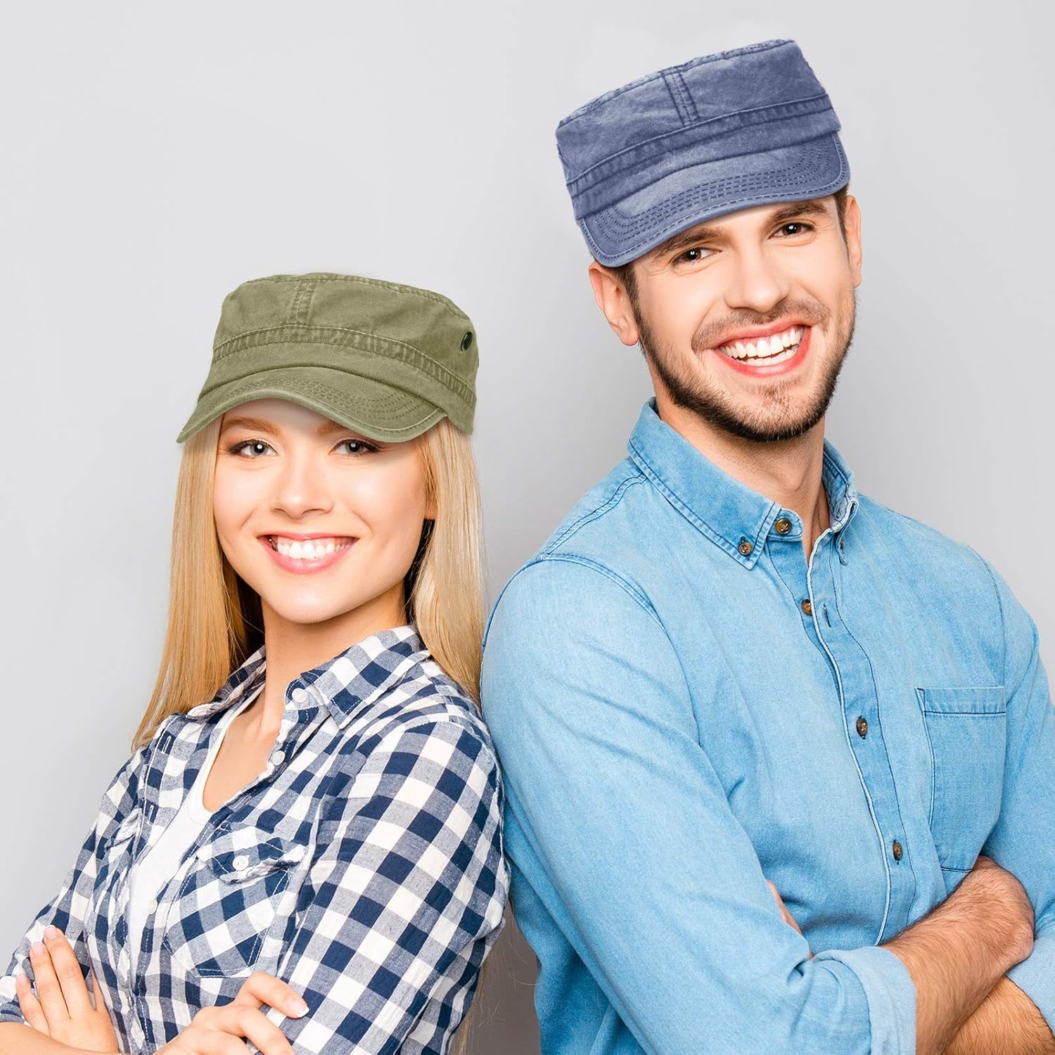 DOVACKA 3 Pieces Cadet Army Cotton Caps Washed Military for Flat Top Caps Adjustable Military Style Hat Unisex