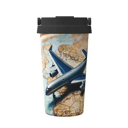 

KLL Airplane World Map Adventure Pattern Stainless Steel Vacuum Insulated Tumbler - Carry Insulated Coffee Mug - Reusable Insulated Cold Brew Iced Coffee Cup Thermos