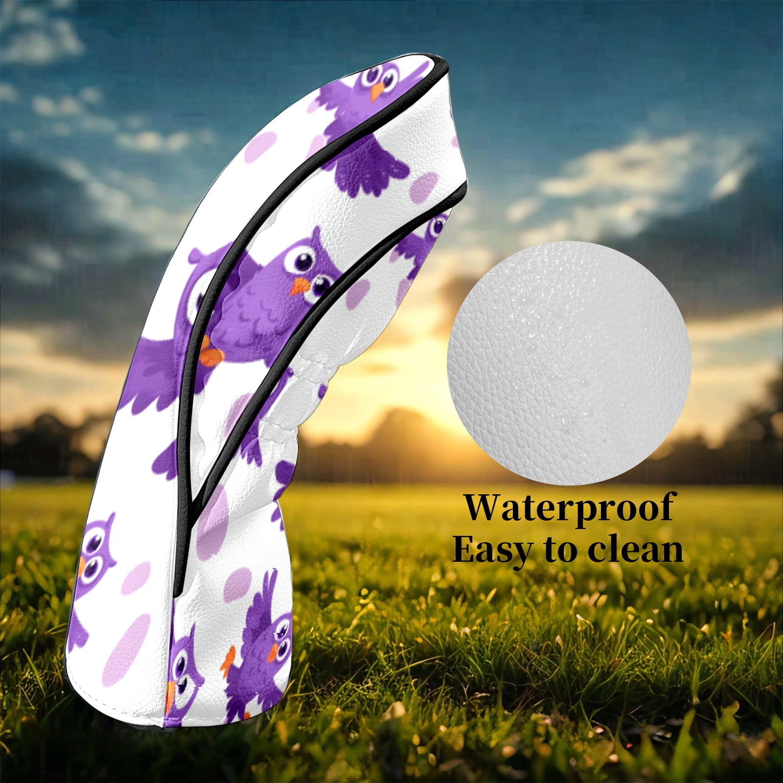 Golf Club Head Covers Purple Owl Waterproof Leather Golf Head Covers for Men Women Driver Head Cover Fairway Headcover for Golf Lovers