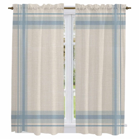 Minimalist Stripes Kitchen Curtains 63 Inch Length, Modern Simple Blue Grid Lines Beige Tiers Curtains for Living Room Berdoom Bathroom, Light Filtering Drapes Window Treatment 2 Panels 42"Wx63"L