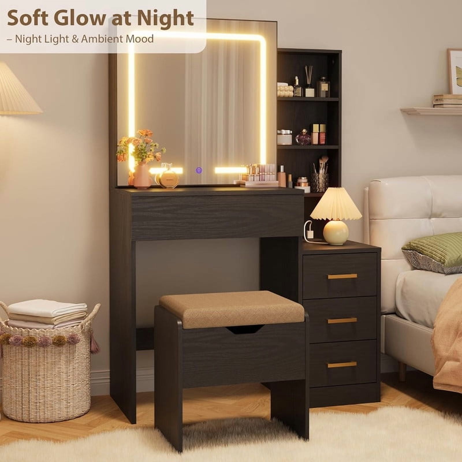 TROPOW Vanity Desk with Mirror and Lights, Makeup Vanity with Drawer & Storage Shelves, Cabinet, 3 Lighting Modes Adjustable Brightness, Power Outlet,Black