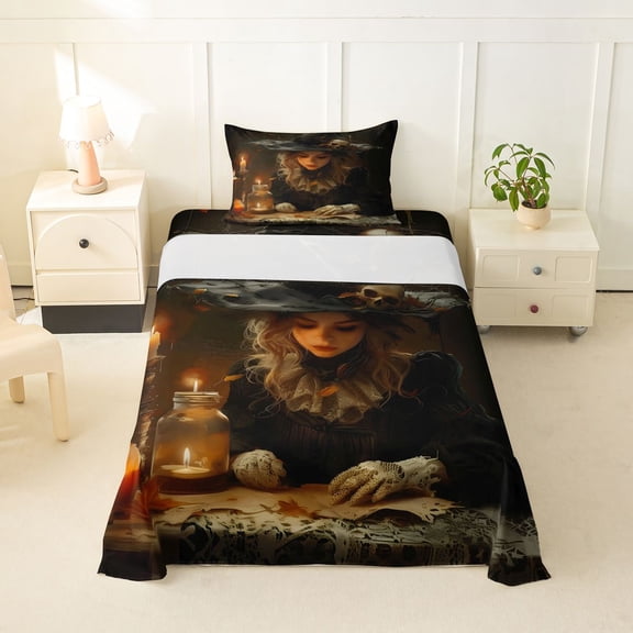 Feelyou Mid Century Witch Twin Sheets, Boho Halloween Pumpkin Bedding, 3 Pieces, 1 Flat Sheet, 1 Fitted Sheet and 1 Pillowcase