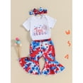 thumbnail image 3 of vera natura Baby Girl 3 Piece Outfits, Letter Print Short Sleeve Romper + Elastic Waist Tie Dye Flare Pants + Headband  Set, 3 of 9