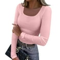 thumbnail image 2 of Womens Long Sleeve Shirts Square Neck Slim Fit Basic Tops Ribbed Thermal Undershirts Layering Tee Light pink L, 2 of 5