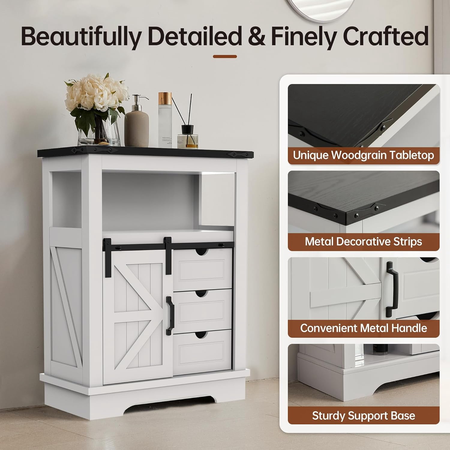 JINSEED Bathroom Floor Cabinet,Farmhouse Storage Cabinet w/ Sliding Barn Door&Storage Drawers,White
