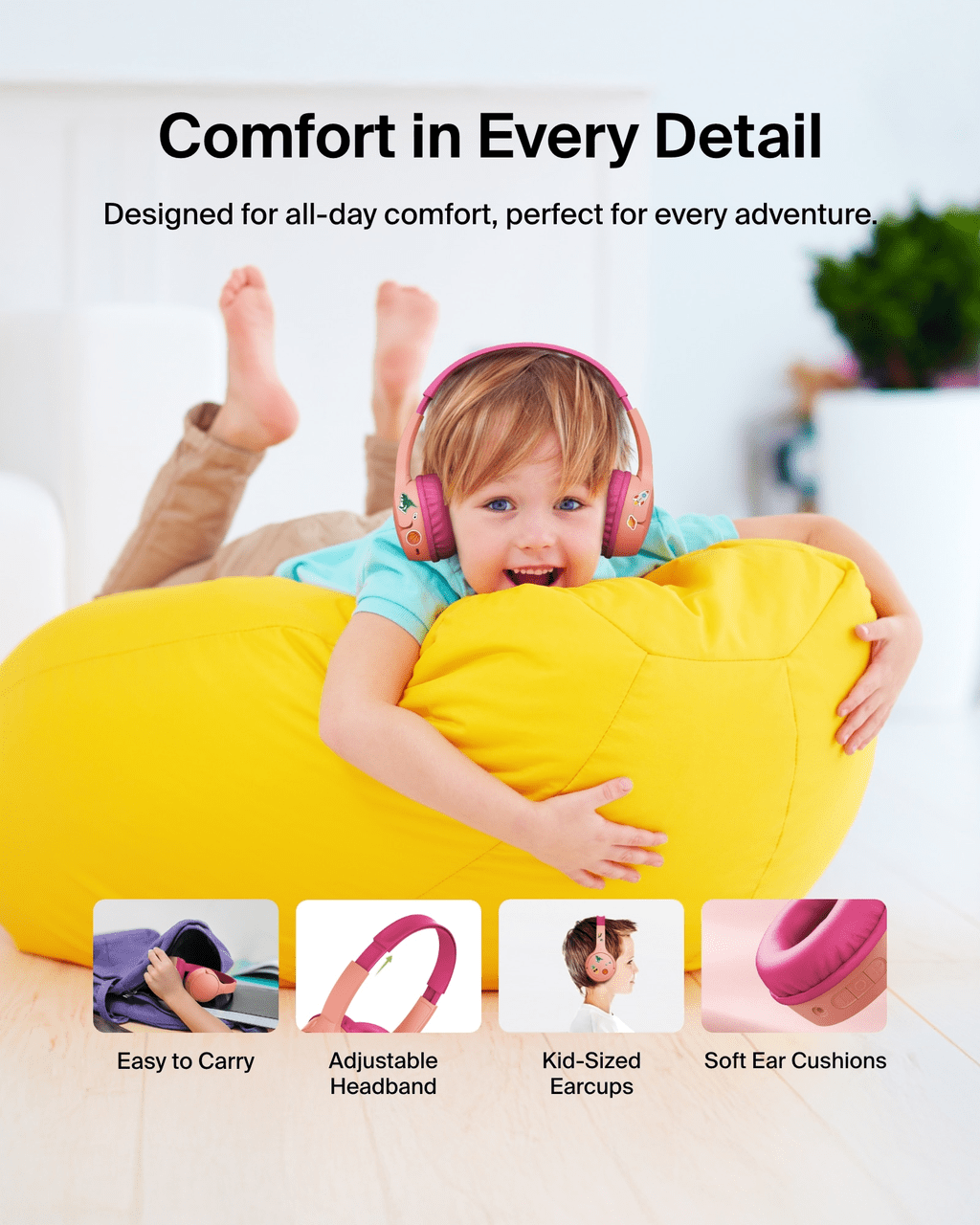 Belkin SoundForm Mini Kids Wireless Headphones w/Built-in Microphone, 30H of Playback Time, Fun Stickers, & Case - Over-Ear Headsets for Online Learning, School, iPhone, iPad, Galaxy, & More - White