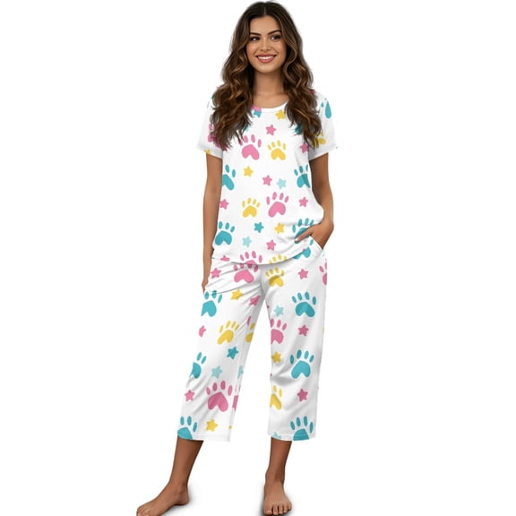 DISNIMO Dog Paw Printed Pajama Set for Women, Star Printed Sleepwear Soft 2 Piece Pjs Set Short Sleeve Tops and Capri Pant Lounge, S