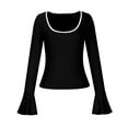thumbnail image 6 of Trendy Ribbed Knit Tops for Women Teens Slim Fit Y2k Style Square Neck Long Bell Sleeve Tees Crop Sweaters (Medium, Black), 6 of 7