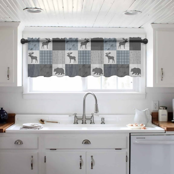 Blue Cabin Check Valance Curtains for Kitchen/Living Room/Bathroom/Bedroom Window, Rustic Bear Elk Farmhouse Buffalo Plaid Rod Pocket Small Topper Half Short Window Curtains Sheer Scarf 54"x18"