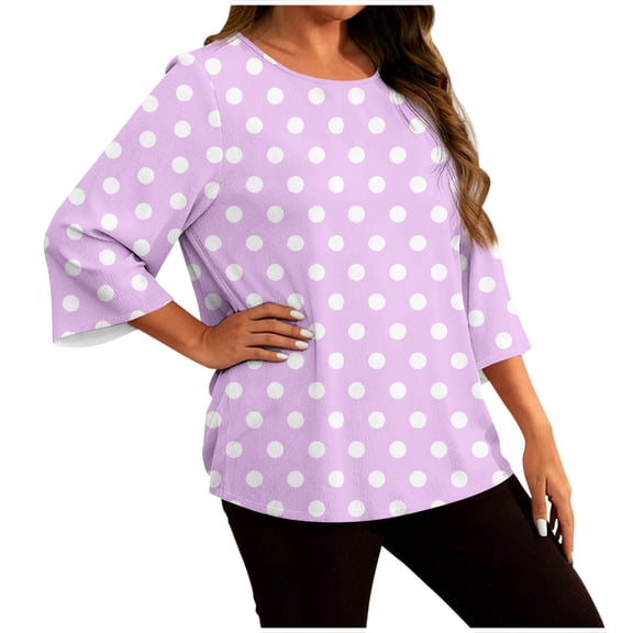 Womens Plus Size T-Shirts Crew Neck 3/4 Sleeve Shirt Fashion Polka Dots Tops Dressy Casual Pleated Blouses Spring Summer 2026