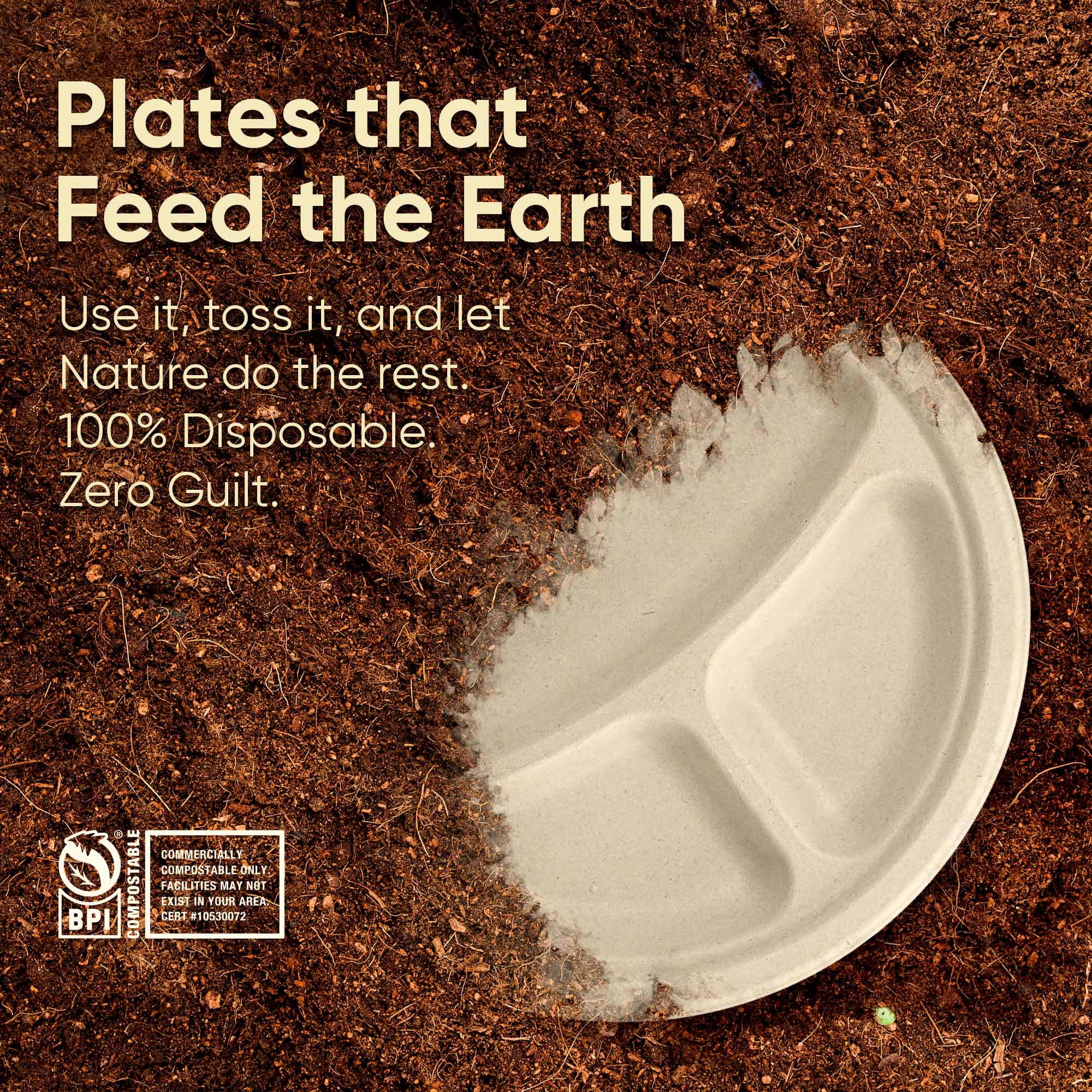 BOSNAL 10 Inch Round 3-Compartment Bagasse Plates (100 Pack) – Compostable, Biodegradable & Eco-Friendly Disposable Plates for Parties, Catering & Meals