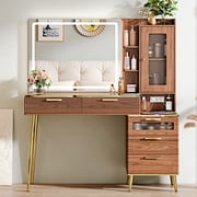 Arulvmrn Vanity Desk with 29.53 HD Lighted Mirror, 47.24 Big Modern Vanity Desk with Mirror and Lights, Makeup Vanity with 5 Drawers and Storage Shelves and Charging Station, Walnut