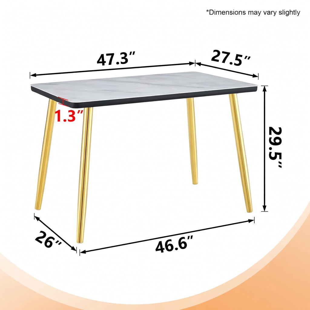Hommoo Modern Rectangular Dining Table for 4-6 People, Tempered Glass & MDF Top with Imitation Marble Finish, Tapered Metal Legs, Minimalist Design for Small Spaces, White & Gold