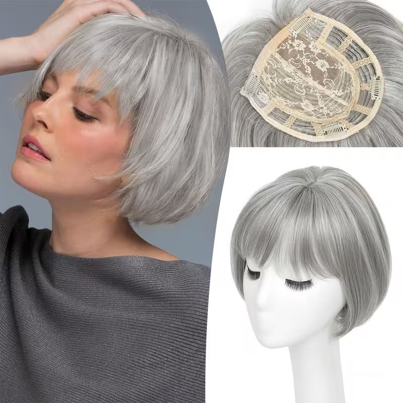 Silver gray women's short bob wig straight hair with bangs synthetic fiber hair piece suitable for thin hair