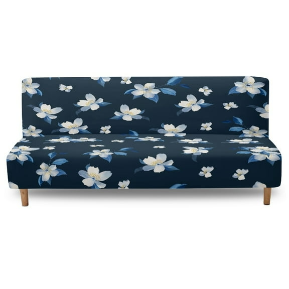 SCRAWLGOD Floral Print Dark Blue Futon Cover Stretch Armless Futon Sofa Cover with Elastic Bottom Dustproof Soft Washable Thick Sofa Bed Furniture Protector Covers