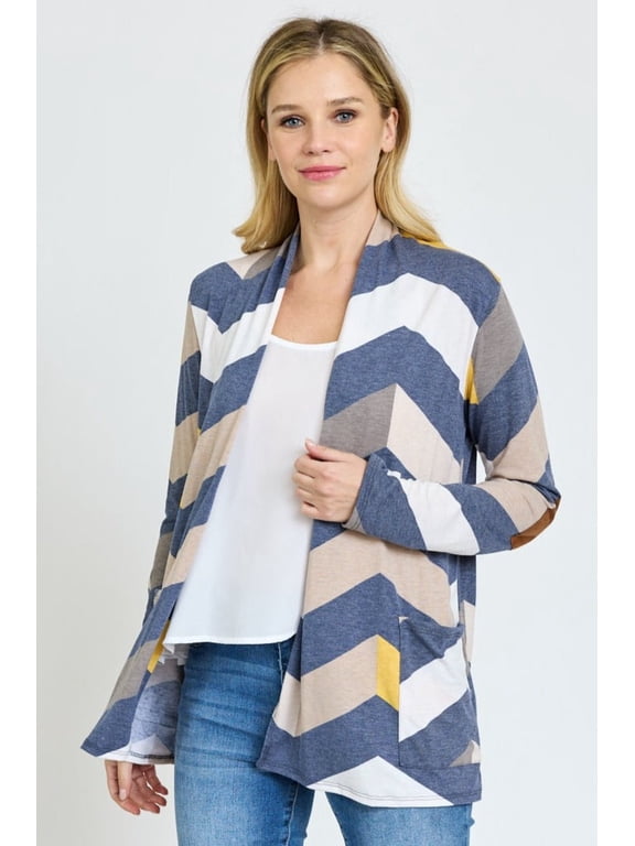 Navy Mustard Chevron Elbow Patch Cardigan with Pockets | S-XL