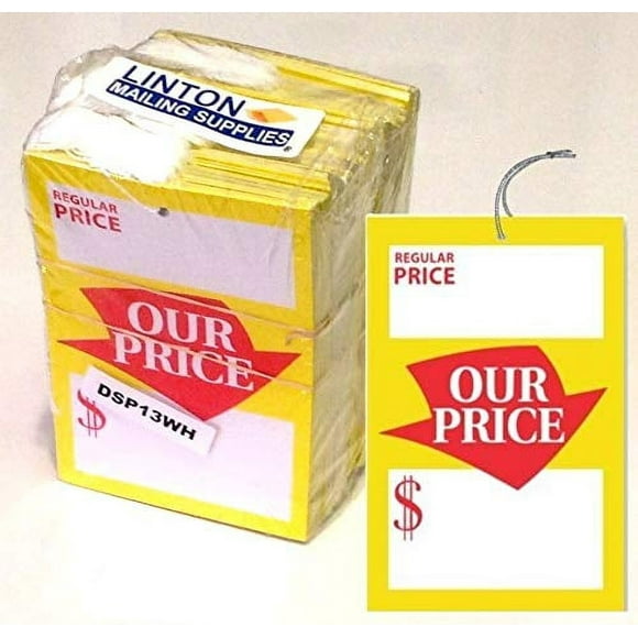Prix Régulier - Notre Prix Étiquette (Grande), 3.25 Pouces x 5 Pouces, Pré-Enfilé, Rouge & Jaune sur Blanc 12-Pt Cardstock - Lot de 250 Étiquettes