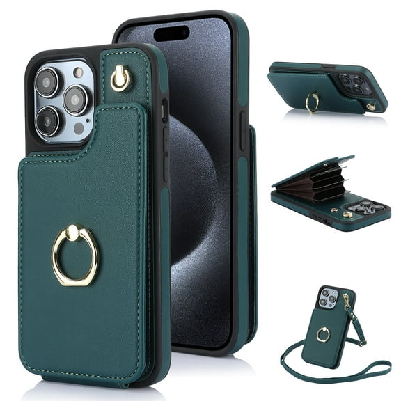 SaniMore for iPhone 14 Pro Max Case, Luxury PU Leather Card Holders Flip Kickstand Metal Finger Ring Shockproof Drop Resistant Crossbody Lanyard for Girls Women Stylish Accordion Design, Green