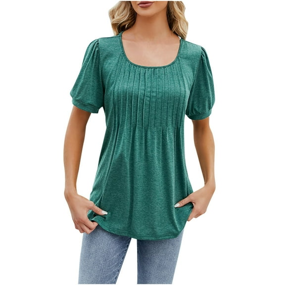 Womens Plus Size Tops Dressy Casual Flowy Short Sleeve Pleated Blouses Square Neck Solid Color Summer Tunic T-Shirts (Green XL)