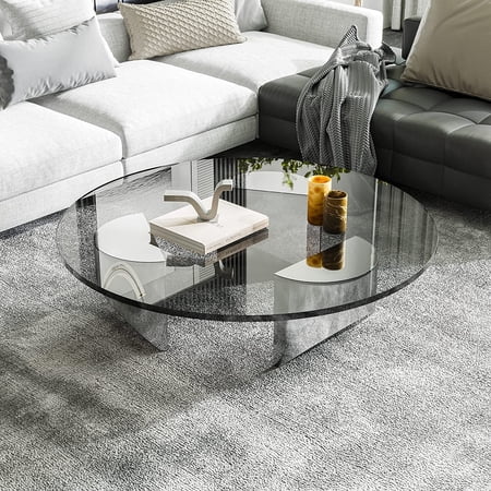 Round Glass Coffee Table, Tempered Modern Coffee Table for Living Room, Office, Black