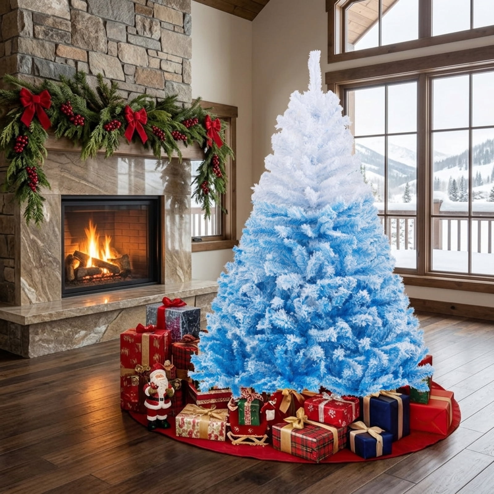 RUIE 6 ft White Blue Gradient Christmas Tree, Flocked Hinged Artificial Xmas Tree with 820 Branch Tips and Folding Metal Stand
