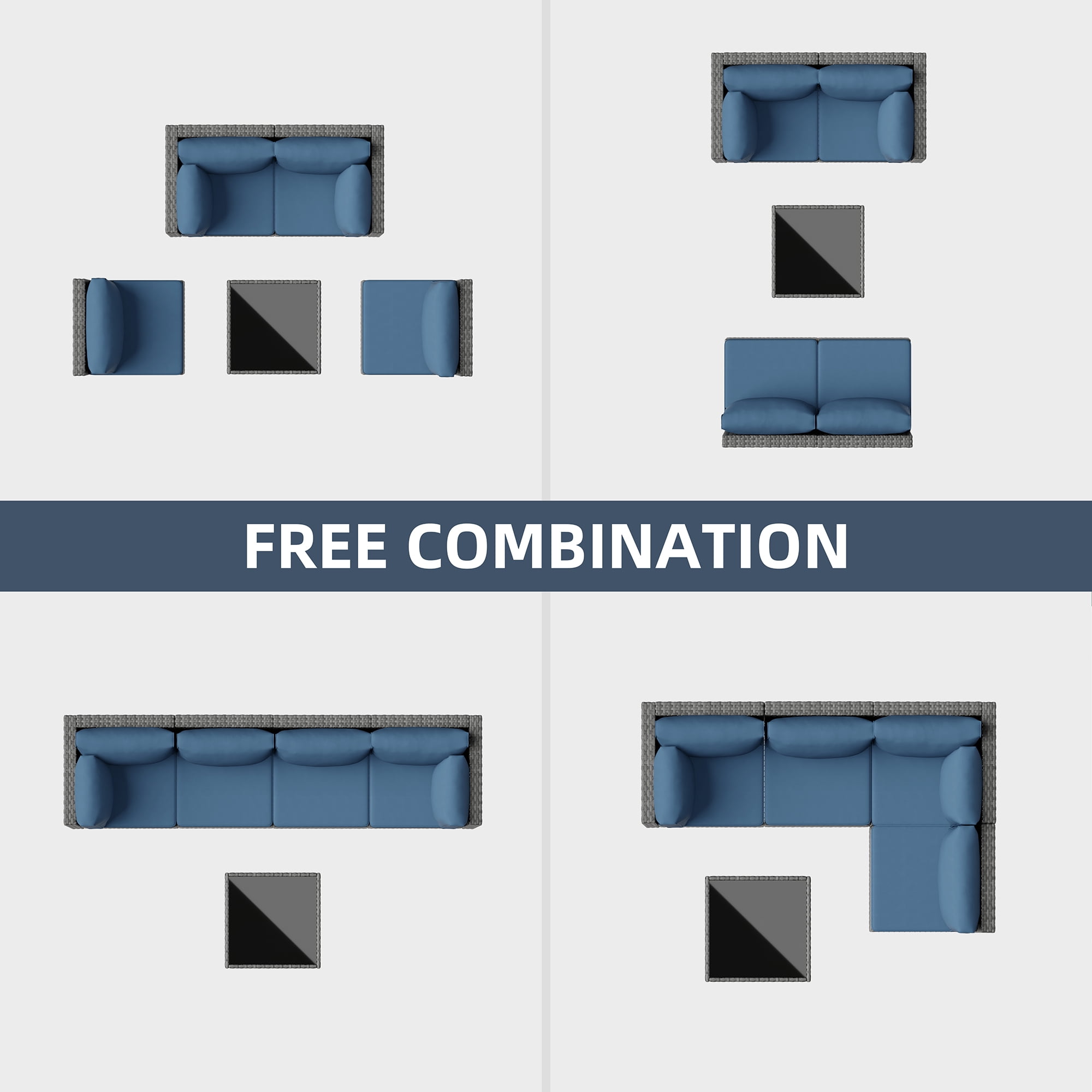 Walsunny 5 Pieces Outdoor Furniture Patio Sectional Sofa Set, Wicker Rattan Conversation Sets with Cushions and Glass Table, Silver Rattan Dark Blue Cushions