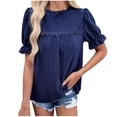 thumbnail image 2 of Meichang Eyelet Embroidery Short Sleeve T Shirts Women Solid Ruffle Trim Crew Neck Tees Shirts Puff Sleeve Loose Fit T-Shirts Dressy Casual Work Blouses Navy M, 2 of 8