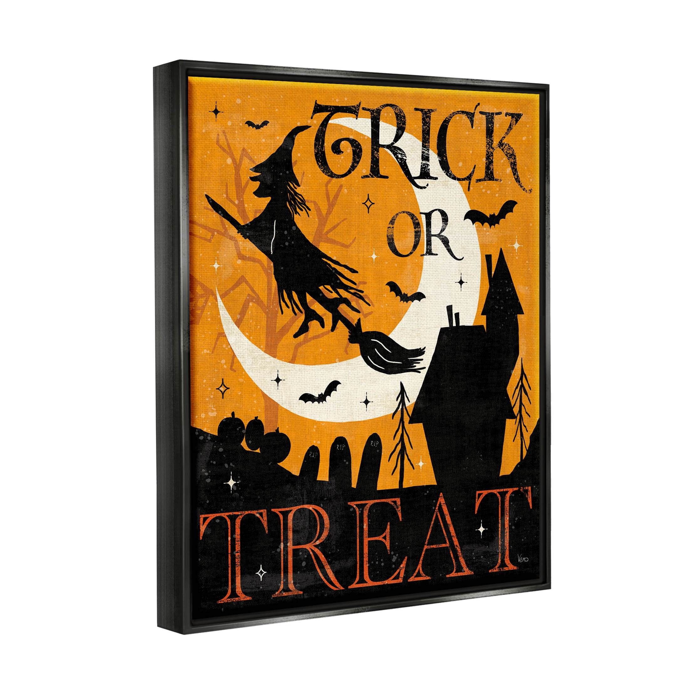 Stupell Industries Trick Or Treat Halloween Witch Graphic Art Jet Black Floating Framed Canvas Print Wall Art, Design by Veronique Charron