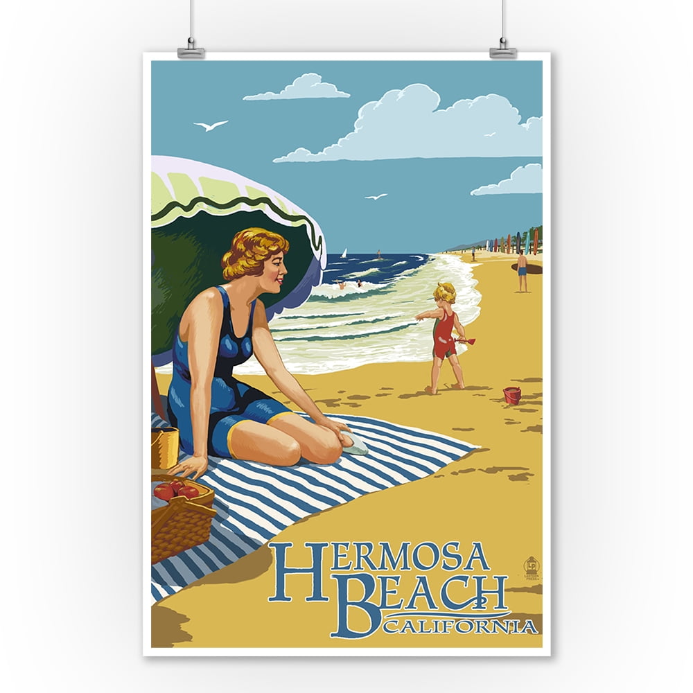 Hermosa Beach, California Woman on Beach Lantern Press Poster (9x12
