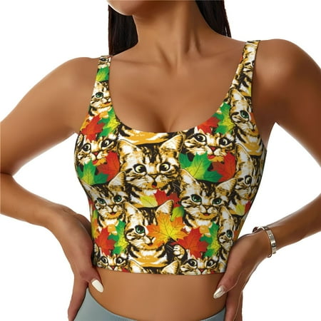 Qokaie Kittens With Maple Leaves Pattern Womens Scoop Neck Sports Bra Breathable Workout Vest Padded U Back Medium Impact Fitness Gym Yoga Bra Workout Crop Top-XX-Large