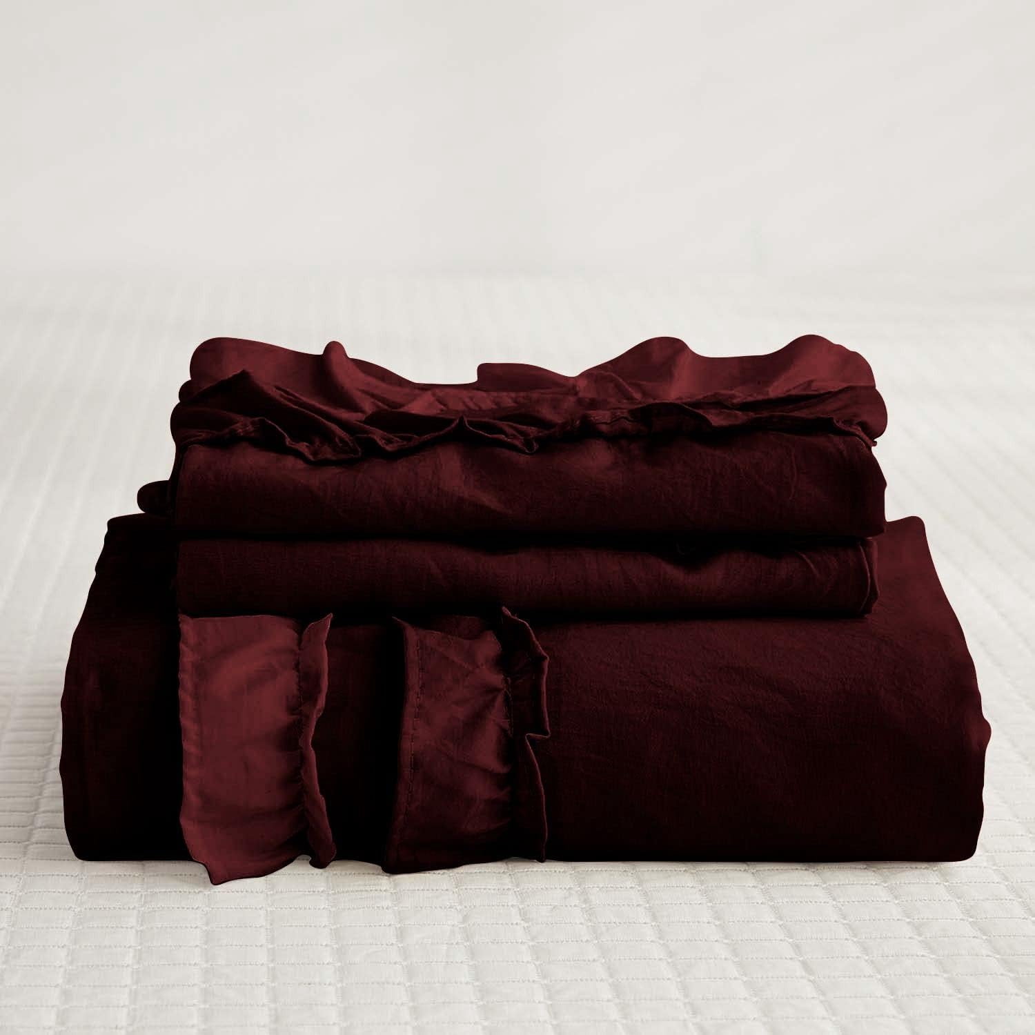 D.N.G. BEDDINGS Luxurious 5 Piece Double Ruffle Duvet Cover With Zipper Closure, 100% Egyptian Cotton, 800 Thread Cotton Full/Queen Size Wine Solid