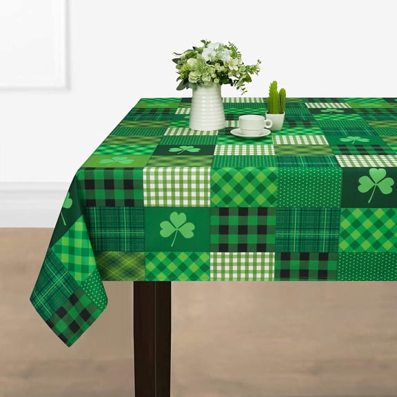 St. Patrick’s Day Tablecloth, Green Lucky Shamrock Table Cloth, Buffalo Plaid Checkered Tablecloths, Four Leaf Clovers Waterproof Tablecloth Rectangle for Dinner Party Decoration, 60 x 120 inch