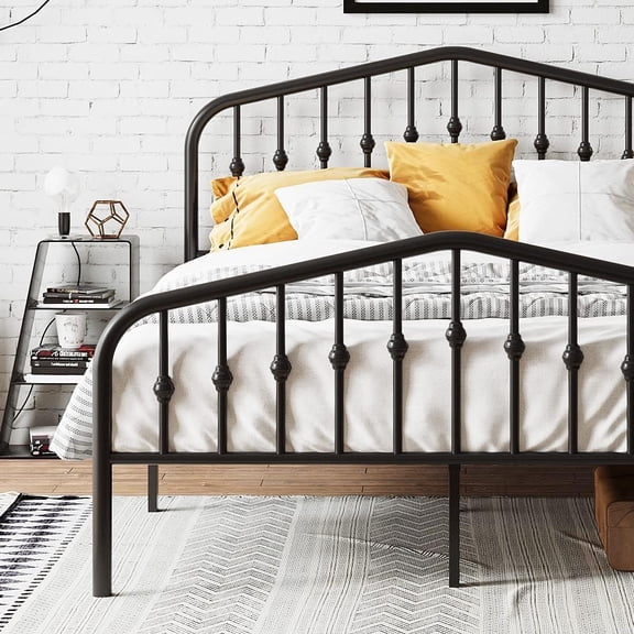 MUTICOR Queen Size Metal Bed Frame with Vintage Headboard and Footboard, Heavy Duty Bed Frame with Large Storage, No Box Spring Needed,Easy Assembly,Black