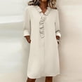 thumbnail image 2 of Women's Midi Dress V-Neck Ruffle Trim 3/4 Sleeve Shift Dresses with PocketsCasual Office Everyday Dresses for Women Beige 2XL, 2 of 9