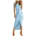 thumbnail image 1 of B91xZ Robe Maxi Grande Taille pour Femmes Manches Courtes Col en V Fendue Volants Longue Robe avec Ceinture, Bleu Ciel TG, 1 of 5