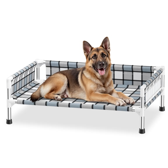 Caghash Raised Elevated Outdoor & Indoor Dog Bed with Guardrail, 3-Fence Dog Hammock Bed, Blue/White/Grey, Medium: 34 x 26 x 12-in