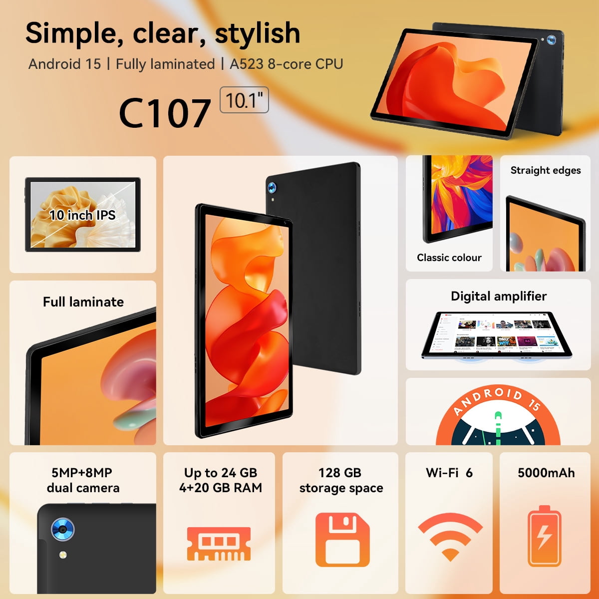 2026 Android 15 Tablet 10.1 Inch, Octa-Core, 128GB ROM, Widevine L1, WiFi 6, Bluetooth 5.3 for Student and Worker,Black