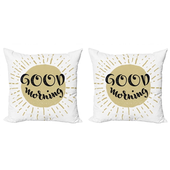 Saying Throw Pillow Cushion Cover Pack of 2, Grungy Style Morning Lettering Built in Cartoon Sun, Zippered Double-Side Digital Print, 4 Sizes, Sepia and Khaki, by Ambesonne