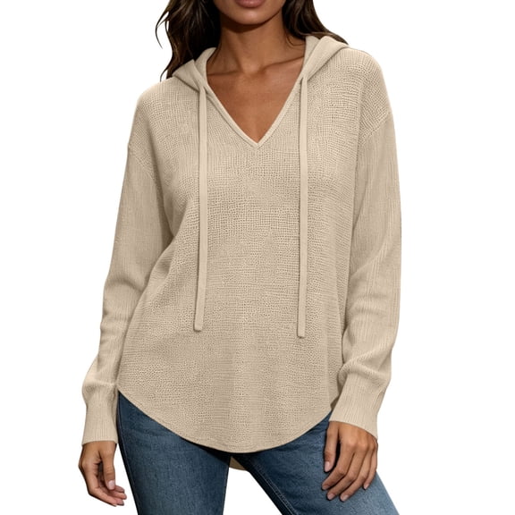 VEKDONE Waffle Hoodie Sweatshirts for Women Fall Long Sleeve V Neck Hoodies Casual Loose Fit Drawstring Pullover Tops Solid Color Lightweight Curved Hem Sweatshirt Khaki XL