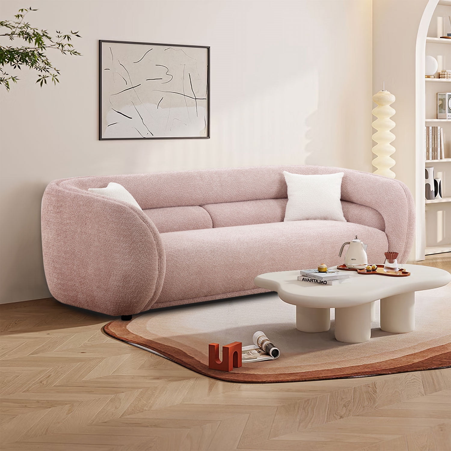 Williamspace 90.6" Modern Velvet Curved Sofa Couch,Luxury Boucle Fabric Sofa with 2 Throw Pillows for Living Room Apartment,Pink