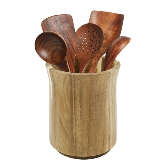 Wooden Utensil Holder for Countertop, 360° Rotating Kitchen Utensil Holder, 7.2"x 6" Large Acacia Wood Crock, Farmhouse Kitchen Decor