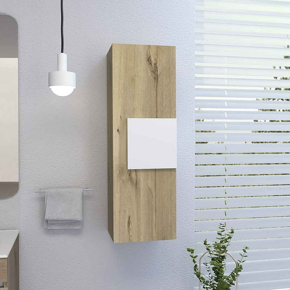 Dtwnek Wall Cabinet with 3 Shelves, Single Door, White   Light Brown