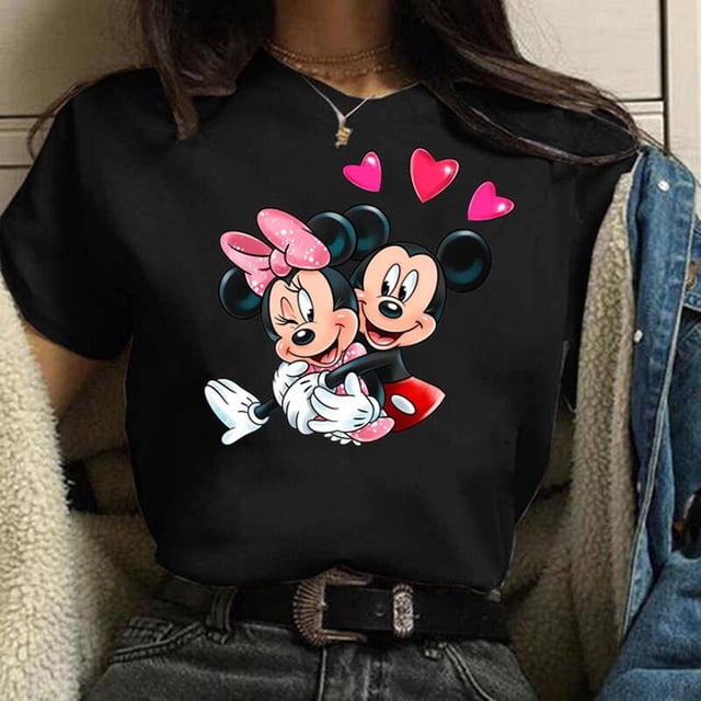 Disney Mickey and Minnie 100% Cotton T-shirt Cute Women's Top O-Neck Summer Kawaii Mickey Mouse Casual Tee Free ShippingS Gao Jinjia LED