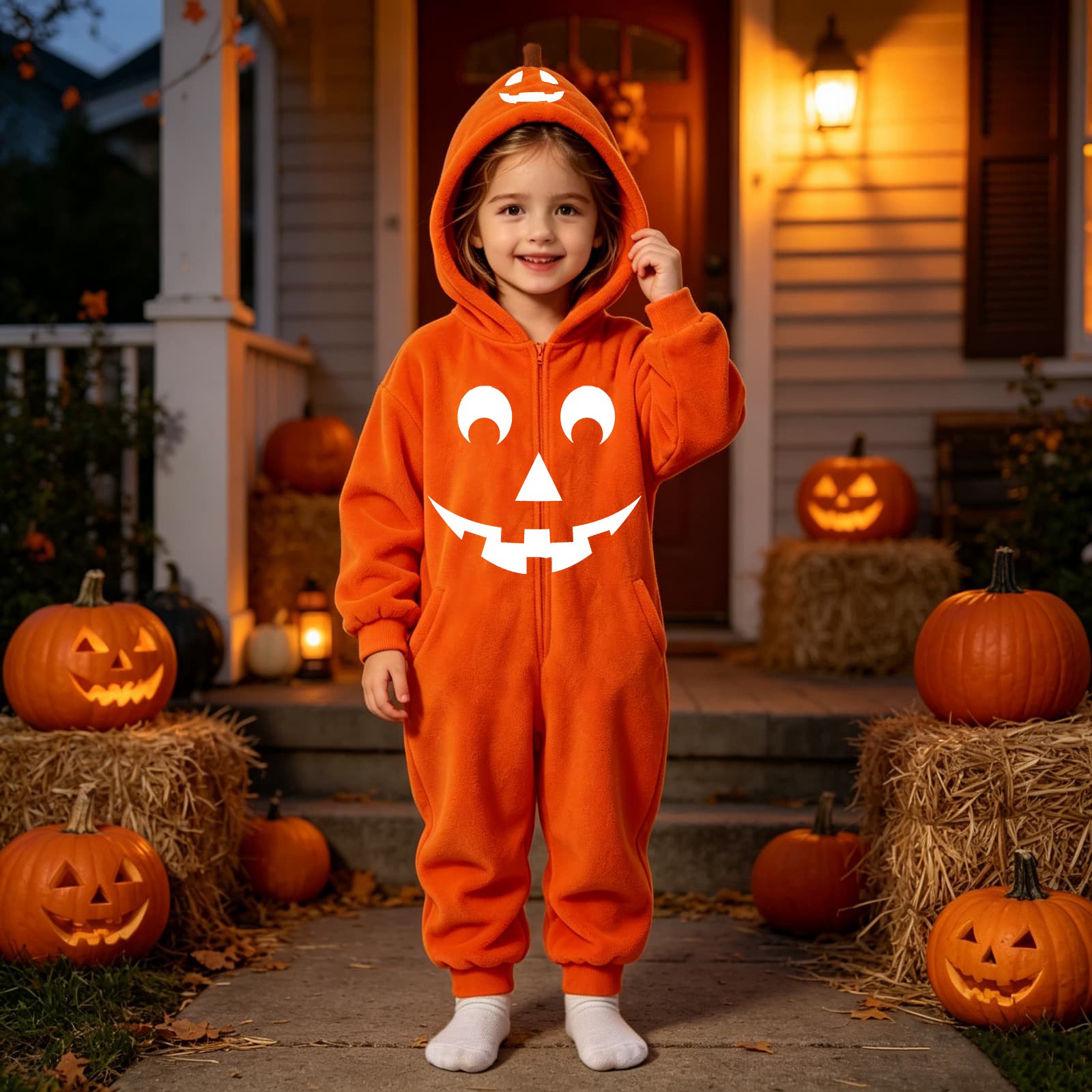 Dwelliawo Halloween Pajamas with Hood Pumpkin Jack O Lantern Plush Hooded Onesie Costume Oversized One Piece Jumpsuit Earthy Yellow 110