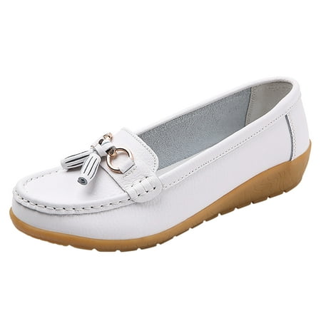 

nsendm Leather Shoes for Women Flats Womens Comfort Walking Flat Loafer Slip On Leather Women Flat Leather Shoes White 7.5