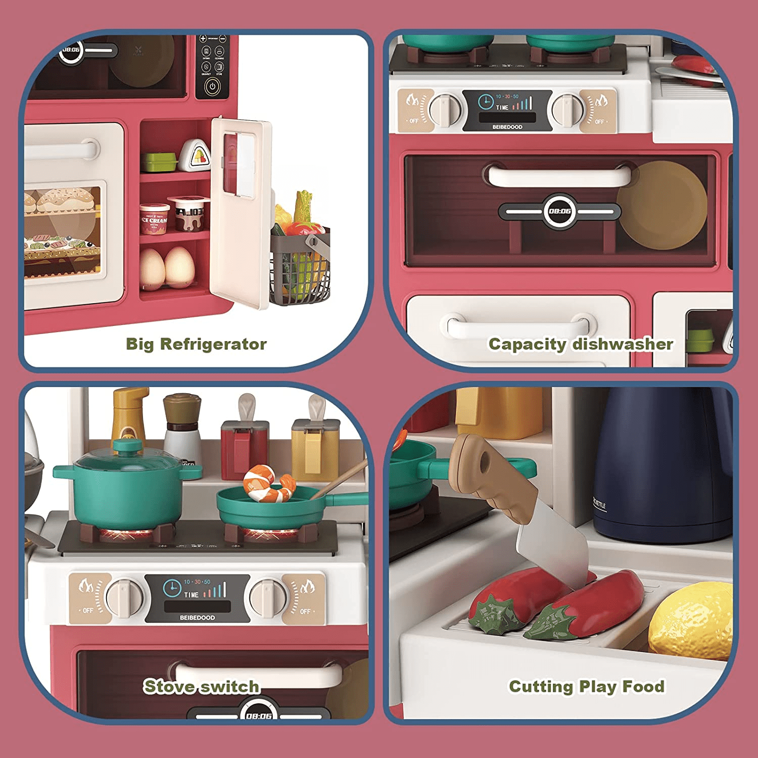 PayUSD Play Kitchen Set for Kids, 63 PCS 33Inch Pretend Play Food Toys Kitchen Set with Realistic Sounds & Lights, Play Sink, Simulation of Spray Kitchen Toys for Toddlers Girls Boys Gift, Pink