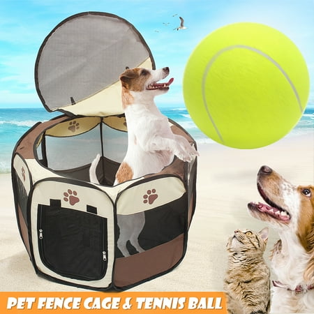 Folding Pet Cage - Pet Fence Dog Kennel Play Pen Puppy Soft Playpen Exercise Run Cage Folding Crate + Pet Dog Tennis Ball