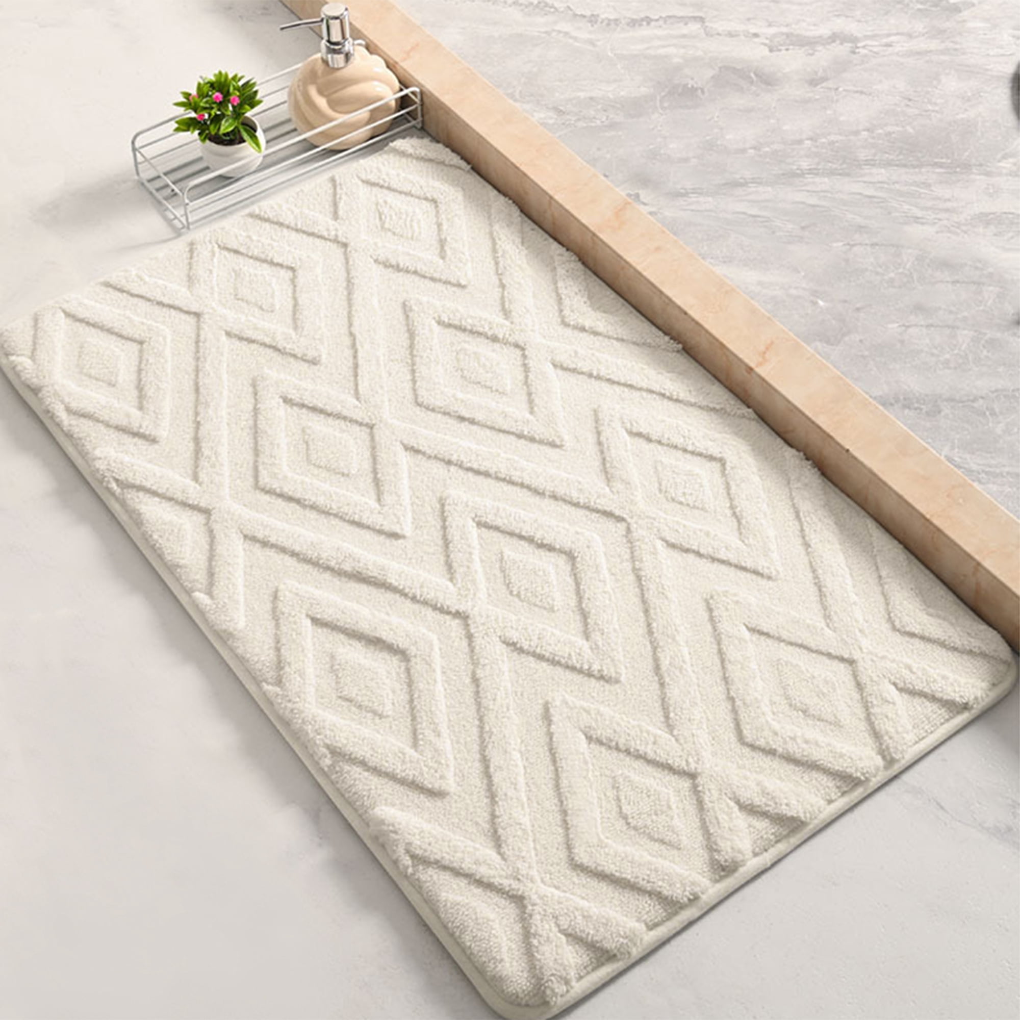 Unique Bargains Geometric Pattern Bathroom Mat Absorbent Non-Slip Bath Rug Beige 20" x 32"