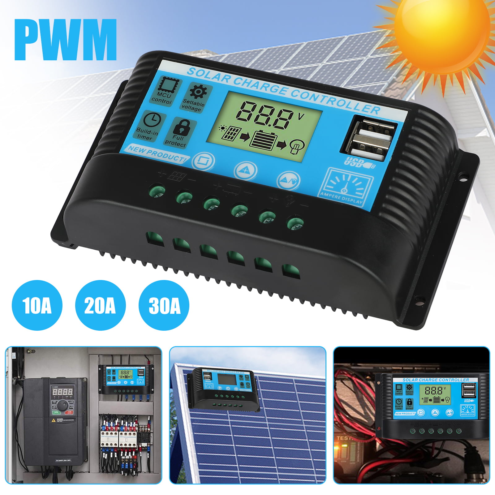10A/30A PWM 12V/24V Solar Charger Controller USB Dual Solar Panel Regulator 