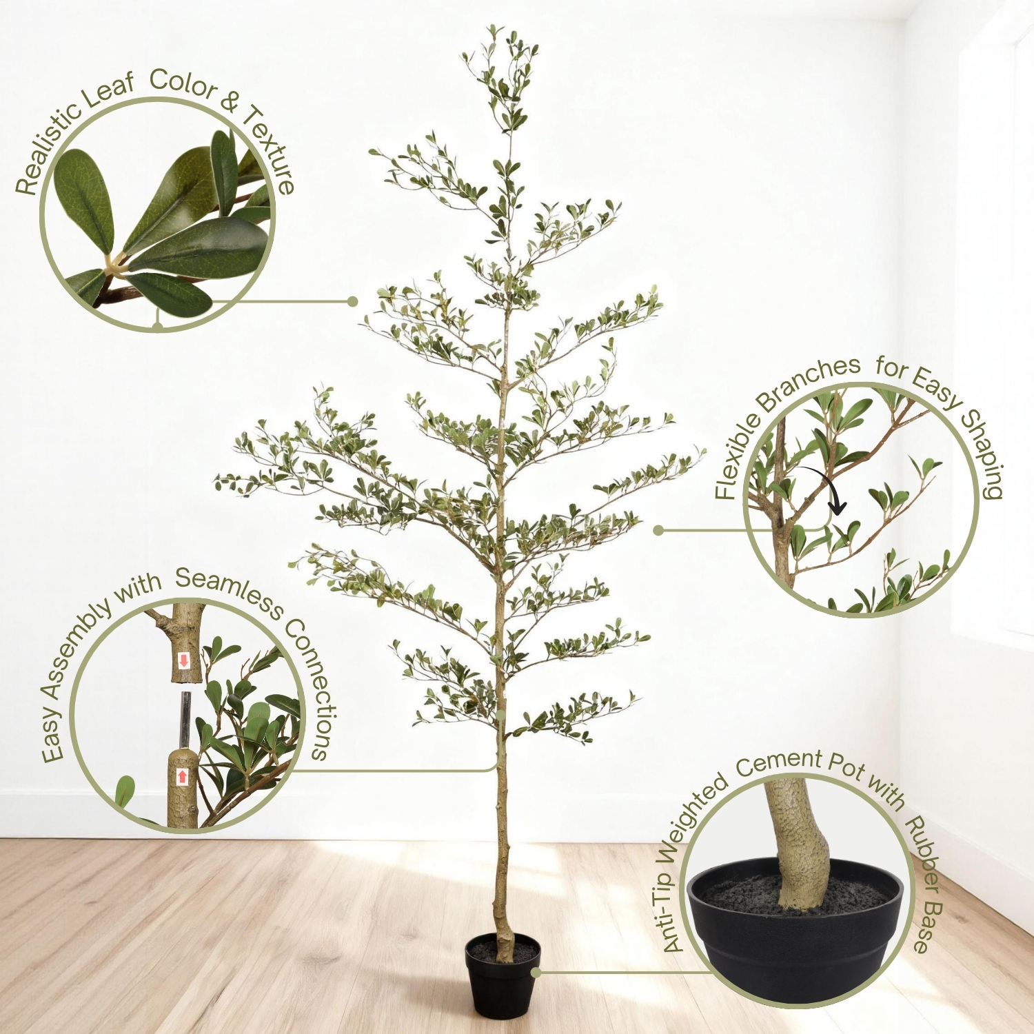 7FT Artificial Olive Tree with Black Plastic Pot,Realistic Tall Fake Plant for Indoor Home Living Room Decor